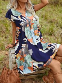 SHEIN VCAY 熱帶圖案蝙蝠袖連衣裙 - 彩色 - 查看 7