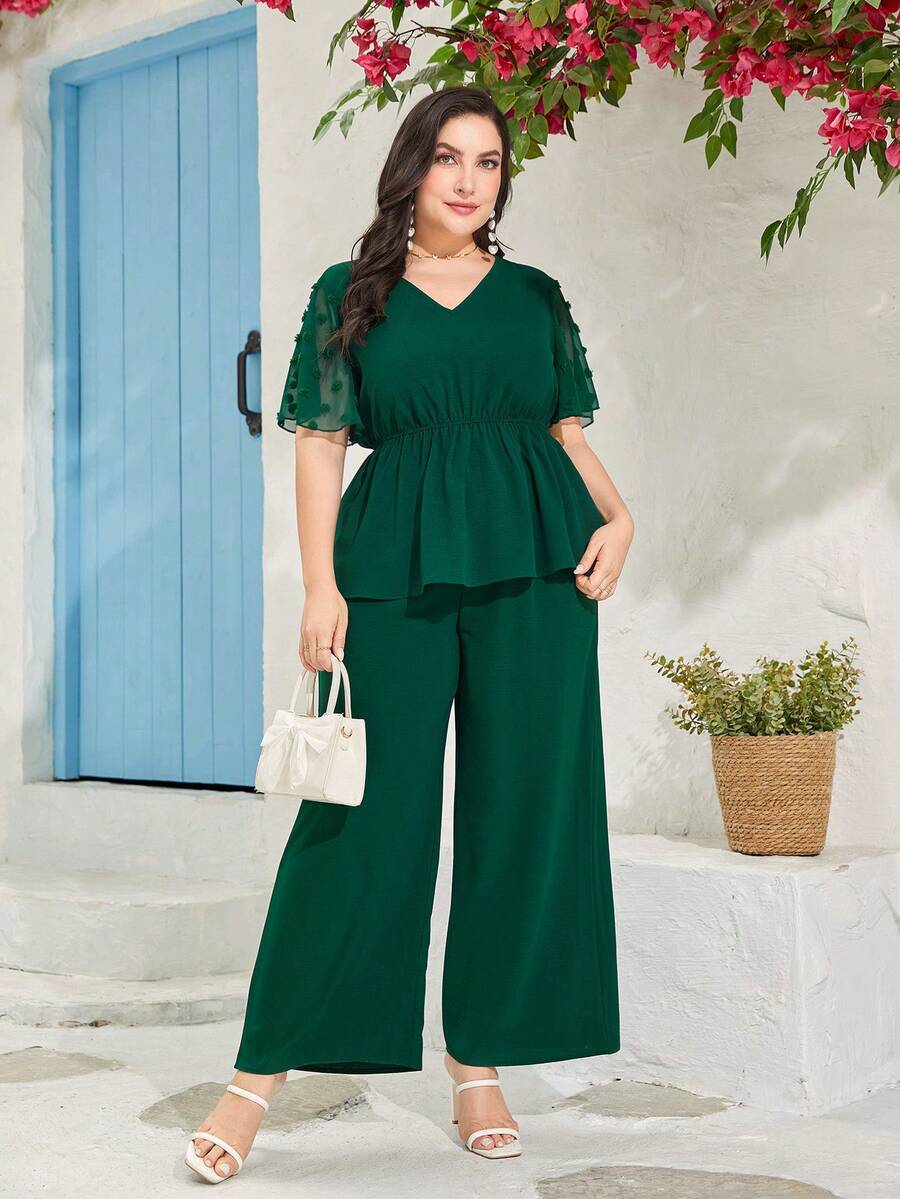 Modelyn Plus Swiss Dot Peplum Blouse & Wide Leg Trousers - Dark Green - View 1