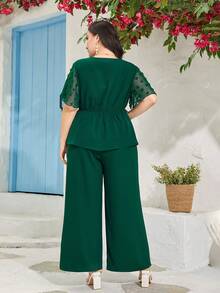 Modelyn Plus Swiss Dot Peplum Blouse & Wide Leg Trousers - Dark Green - View 2