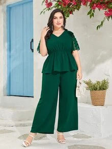 Modelyn Plus Swiss Dot Peplum Blouse & Wide Leg Trousers - Dark Green - View 3