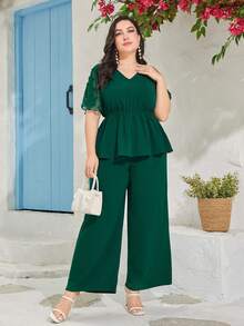 Modelyn Plus Swiss Dot Peplum Blouse & Wide Leg Trousers - Dark Green - View 4