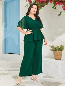 Modelyn Plus Swiss Dot Peplum Blouse & Wide Leg Trousers - Dark Green - View 5