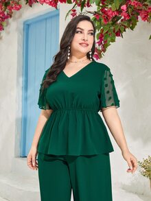 Modelyn Plus Swiss Dot Peplum Blouse & Wide Leg Trousers - Dark Green - View 6
