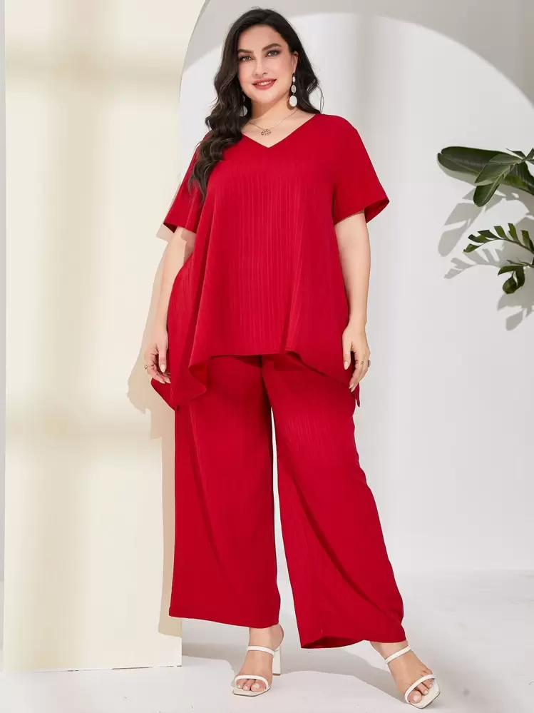 Mulvari Hög Låg Enkel Enkel Plus Size Co-ord - Röd - Visa 1