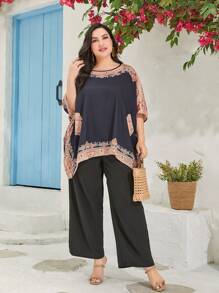 Mulvari 大碼印花蝙蝠袖襯衫和闊腿褲 - 彩色 - 查看 3