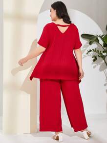 Mulvari 大碼素色高低下擺上衣和闊腿褲 - 紅色 - 查看 2