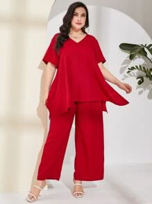 Mulvari 大碼素色高低下擺上衣和闊腿褲 - 紅色 - 查看 6