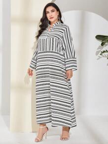 Al Najma Vestido con estampado geométrico de cuello notch manga de campana - Blanco y Negro - Ver 3