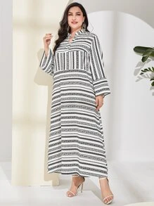 Al Najma Vestido con estampado geométrico de cuello notch manga de campana - Blanco y Negro - Ver 6