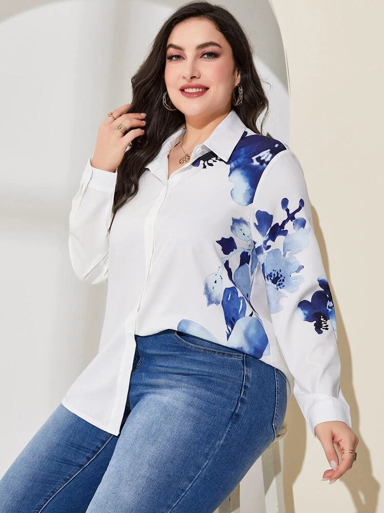 Mulvari Áo sơ mi Plus Size Nút phía trước Hoa Giải trí - trắng - Xem 1