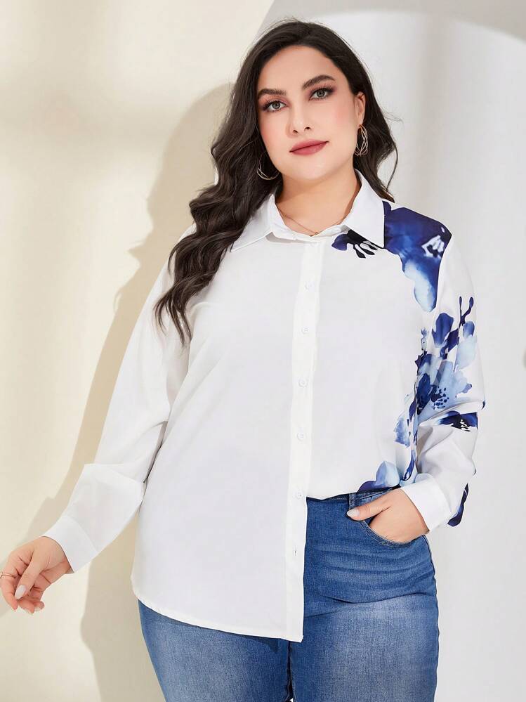 Mulvari Áo sơ mi Plus Size Nút phía trước Hoa Giải trí - trắng - Xem 3