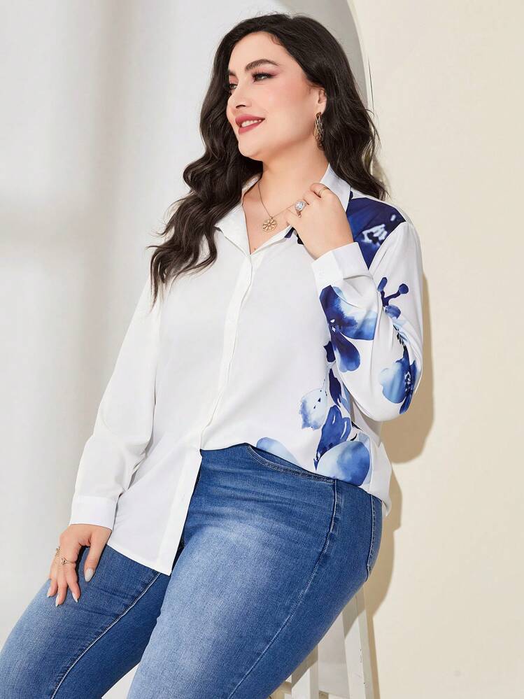 Mulvari Áo sơ mi Plus Size Nút phía trước Hoa Giải trí - trắng - Xem 5