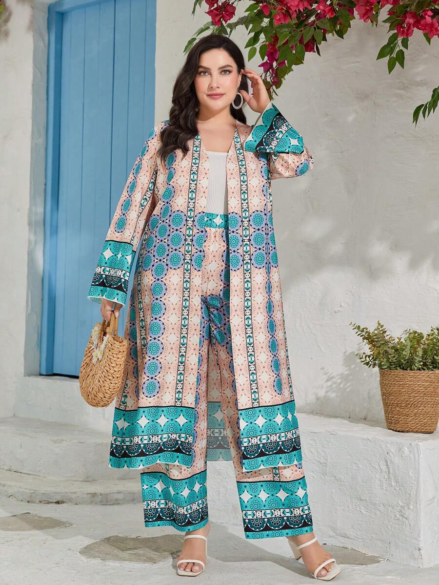 Mulvari 大碼印花開門襟外套和闊腿褲 - 彩色 - 查看 1