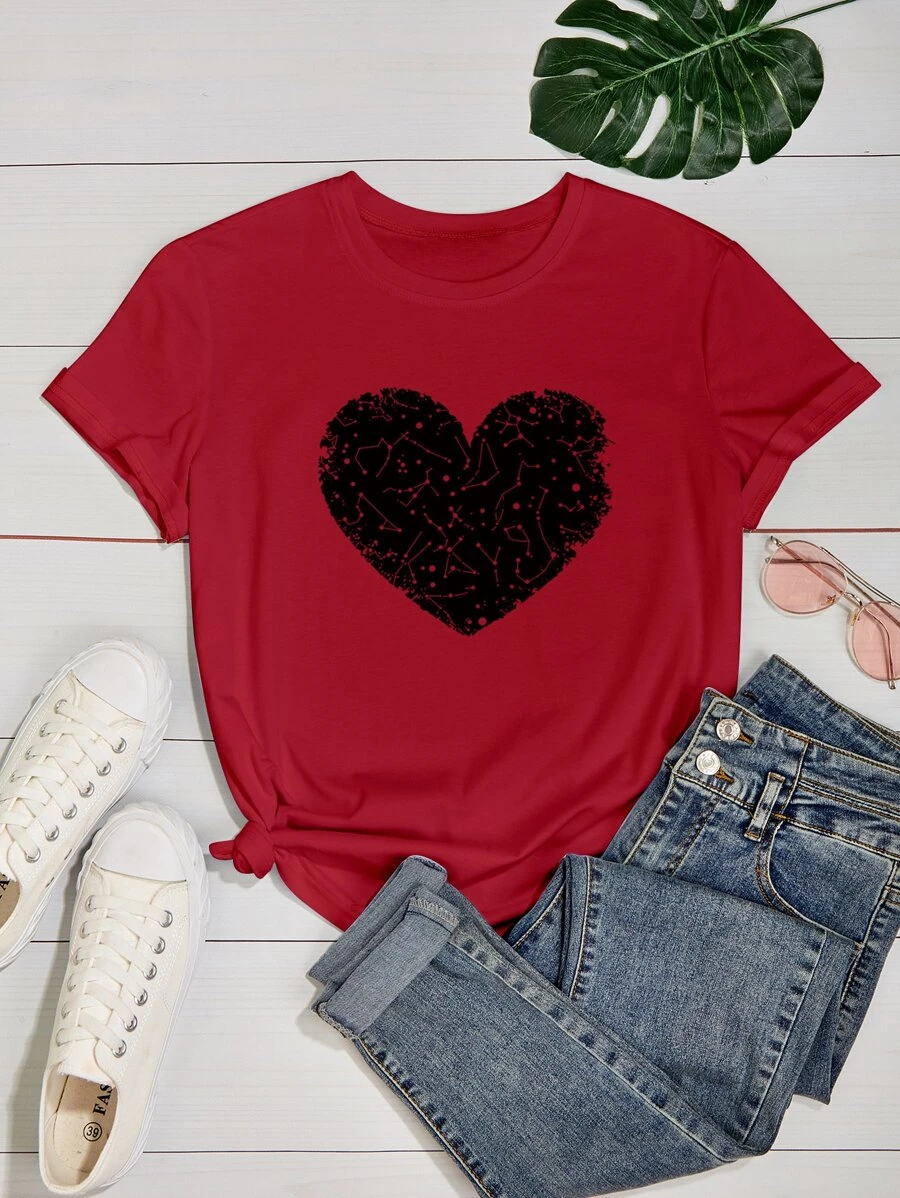 SHEIN LUNE 大碼愛心圖案T恤 - 紅色 - 查看 1