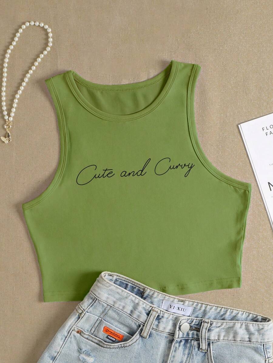 SHEIN Qutie Áo hai dây Plus Size Slogan Giải trí - Màu xanh lá cây đậm - Xem 1