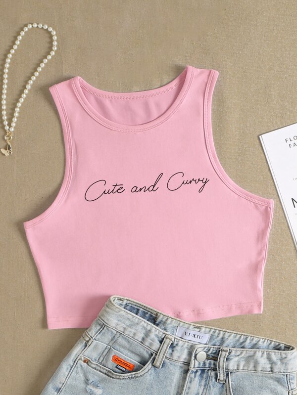 SHEIN Qutie Plus Slogan Graphic Cute And Curvy Tank Top, Women Summer Top