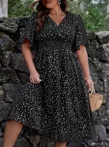 SHEIN Clasi Plus Polka Dot Print Butterfly Sleeve Dress For Summer - Black - View 1