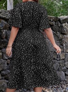SHEIN Clasi Plus Polka Dot Print Butterfly Sleeve Dress For Summer - Black - View 2