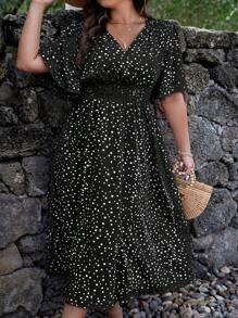 SHEIN Clasi Plus Polka Dot Print Butterfly Sleeve Dress For Summer - Black - View 3
