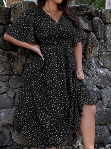 SHEIN Clasi Plus Polka Dot Print Butterfly Sleeve Dress For Summer - Black - View 5