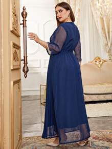 Al Najma Vestido con cinturón con bordado floral bajo fruncido - Azul Marino - Ver 2