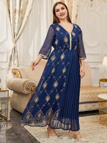 Al Najma Vestido con cinturón con bordado floral bajo fruncido - Azul Marino - Ver 3