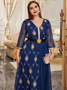 Al Najma Vestido con cinturón con bordado floral bajo fruncido - Azul Marino - Ver 4