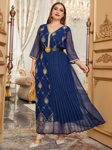 Al Najma Vestido con cinturón con bordado floral bajo fruncido - Azul Marino - Ver 5