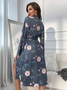 印花附腰帶睡袍 - 灰色 - 查看 2