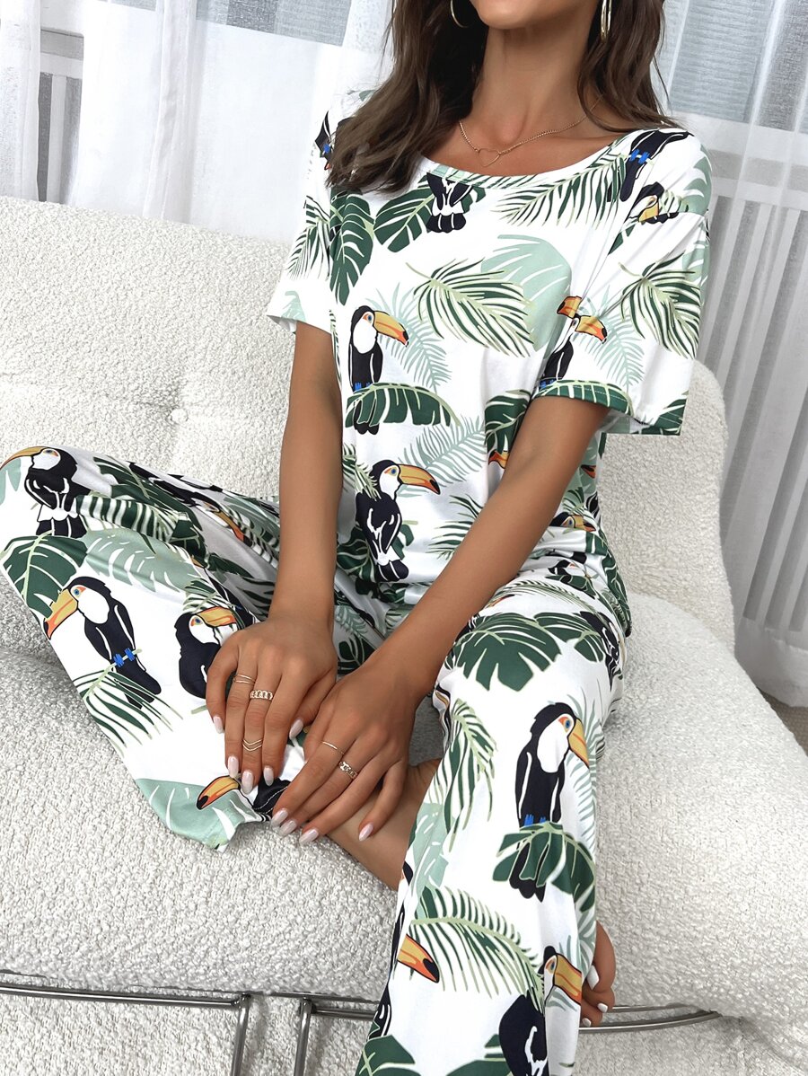 Tropical Print Tee & Trousers PJ Set - White - View 1