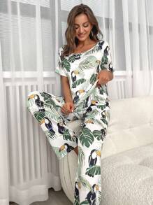 Tropical Print Tee & Trousers PJ Set - White - View 3