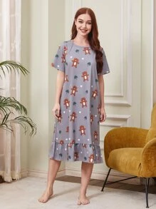 Váy ngủ & áo ngủ Nữ Viên lá sen Hoạt hình Dễ thương - Xám - Xem 1