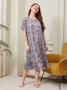 Váy ngủ & áo ngủ Nữ Viên lá sen Hoạt hình Dễ thương - Xám - Xem 3