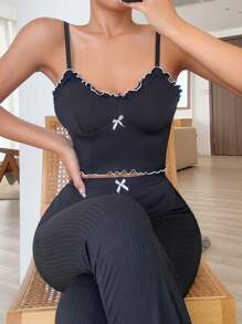 Lettuce Trim Bow Front Cami Top & Pants PJ Set / Pajama Set - Black - View 4