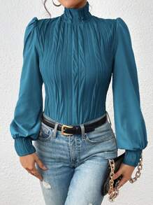SHEIN Privé 小高領燈籠袖褶皺上衣 - 藍色 - 查看 3