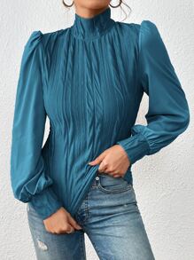 SHEIN Privé 小高領燈籠袖褶皺上衣 - 藍色 - 查看 4