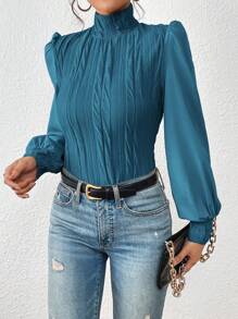 SHEIN Privé 小高領燈籠袖褶皺上衣 - 藍色 - 查看 5