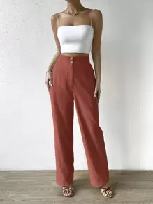 SHEIN Clasi Women's Solid Color Pants With Pockets Wide Leg Pants Baggy Pants - Redwood - View 3
