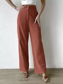 SHEIN Clasi Women's Solid Color Pants With Pockets Wide Leg Pants Baggy Pants - Redwood - View 5