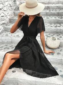 SHEIN VCAY Đầm Thắt lưng Trọn gói màu trơn Giải trí - màu đen - Xem 4