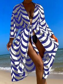 SHEIN Swim 全身印花系带和服，适合夏季海滩度假 - 藍白色 - 查看 5