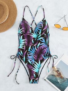 Phụ nữ một mảnh Hội Chữ thập Dây kéo Tất cả trên in Thực vật Boho - Màu xanh lam - Xem 6