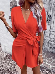 Breezaya Solid Knot Side Wrap Romper - Burnt Orange - View 5