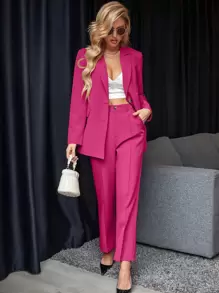Chiquease Solid Button Front Blazer & Pants Fall Cloth For Women - Hot Pink - View 1