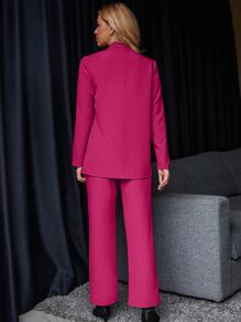 Chiquease Solid Button Front Blazer & Pants Fall Cloth For Women - Hot Pink - View 2