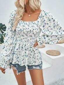 Breezaya 碎花印花荷叶边袖荷叶边衬衫荷叶边上衣 - 杏色 - 查看 1