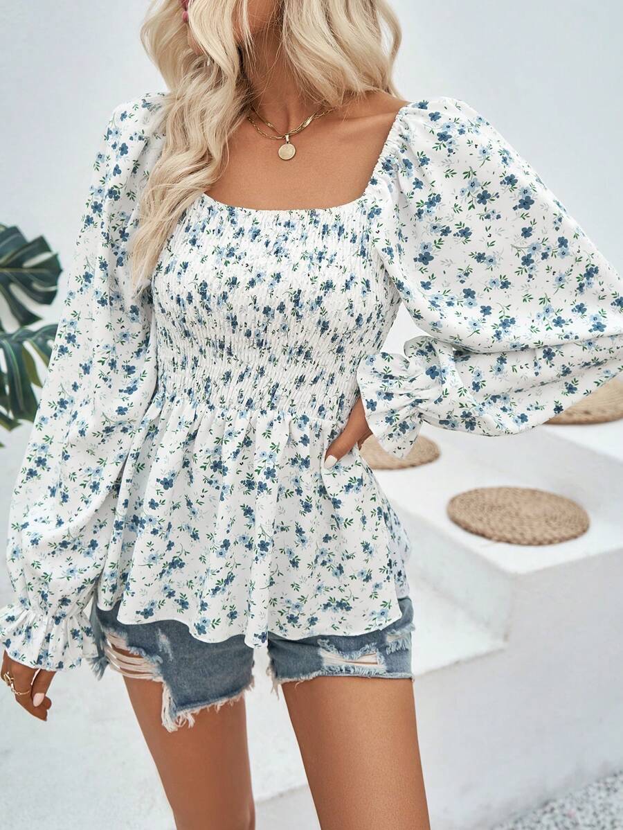 Breezaya 碎花印花荷叶边袖荷叶边衬衫荷叶边上衣 - 杏色 - 查看 1