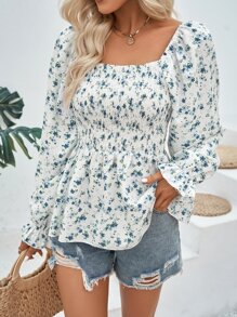 Breezaya 碎花印花荷叶边袖荷叶边衬衫荷叶边上衣 - 杏色 - 查看 6