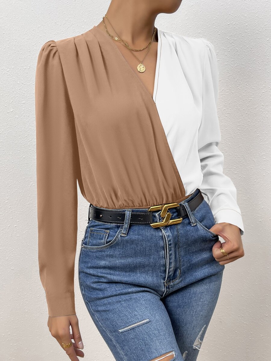 SHEIN Privé 雙色泡泡袖交疊領連身背心 - 咖啡棕 - 查看 1