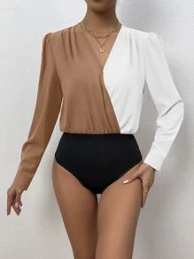 SHEIN Privé 雙色泡泡袖交疊領連身背心 - 咖啡棕 - 查看 3